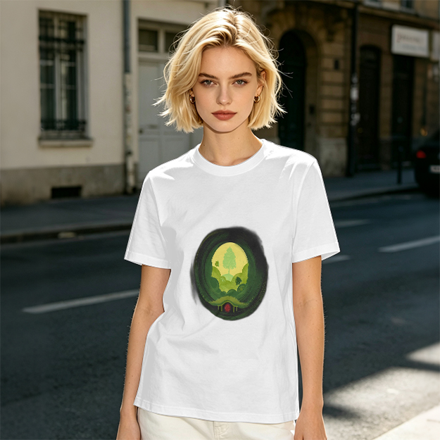 Olive Green T-Shirt with Hobbit Hole Landscape Art Print