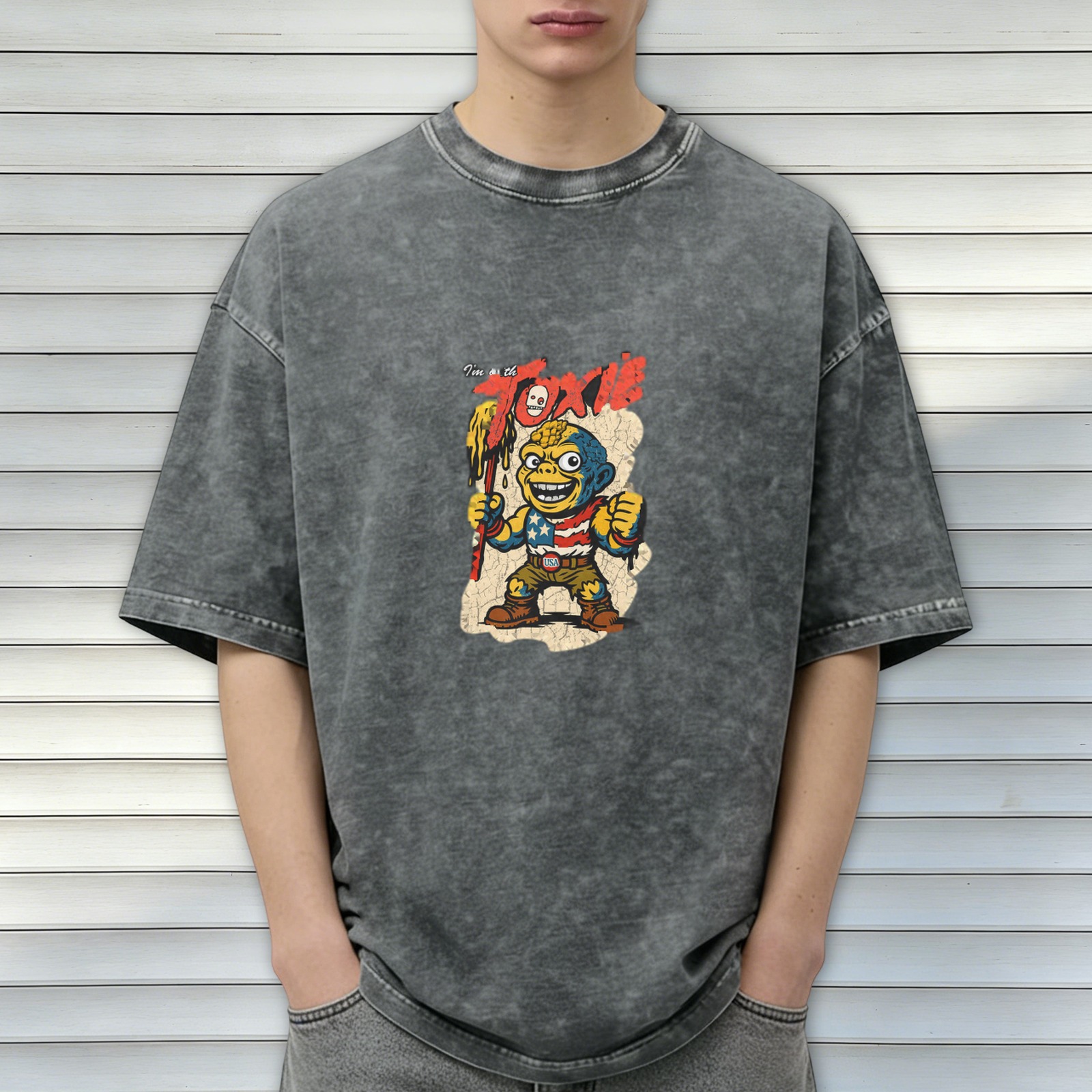 Washed Black T-Shirt with Toxic Cartoon Character Graphic