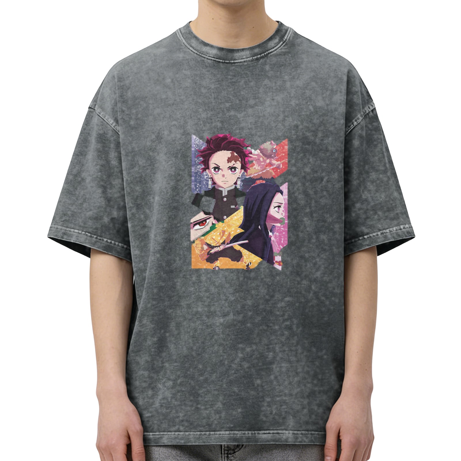 Anime Demon Slayer Tanjiro Nezuko Zenitsu Graphic Oversized Acid Wash T-Shirt for Men