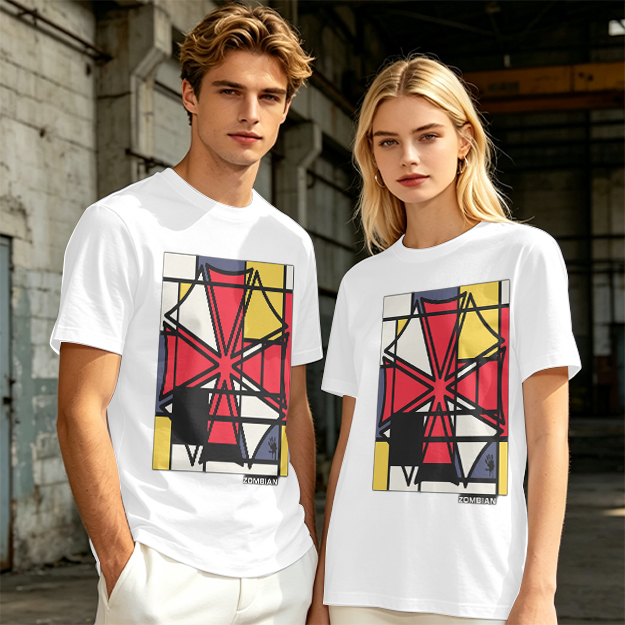 Olive T-Shirt with Mondrian-style Geometric Abstract Graphic Print