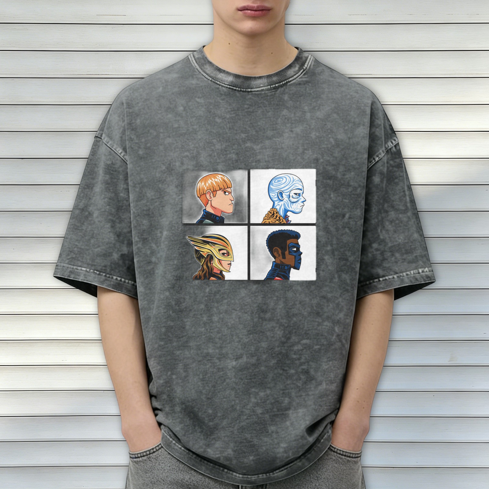 Oversized Dark Wash T-Shirt With Four Superhero Character Portraits