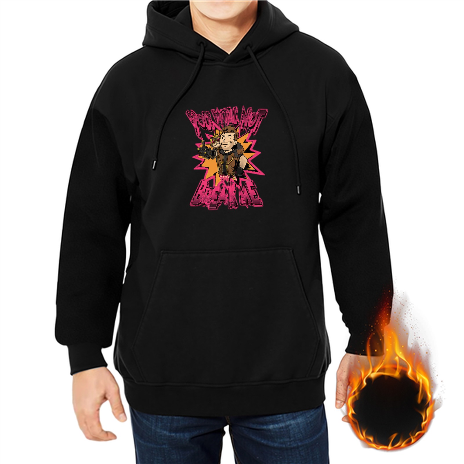 Black Hoodie With Bright Pink Cartoon Graphic Print Design
