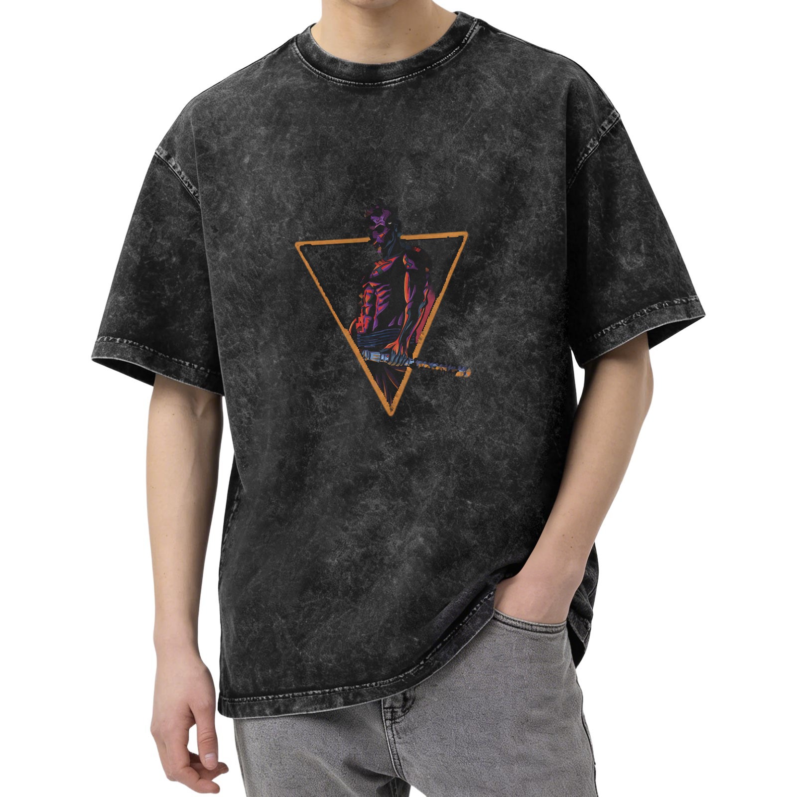 Washed Black Oversized T-Shirt With Triangle Superhero Graphic