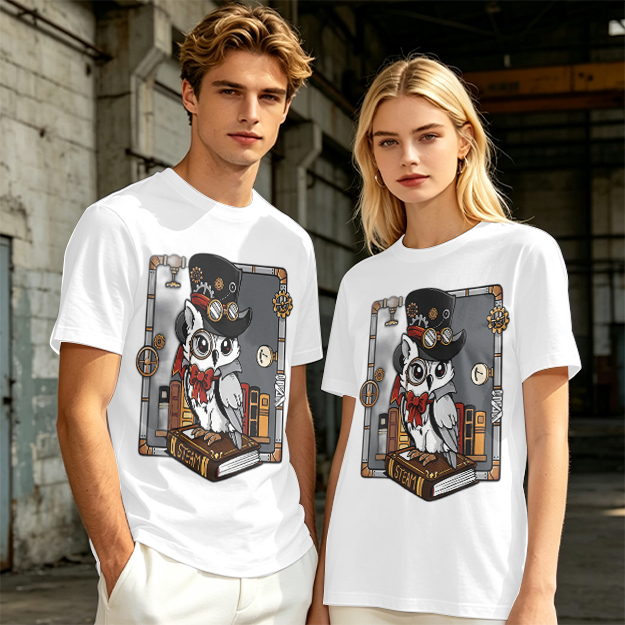 Owl in Steampunk Attire on Book Graphic Tee