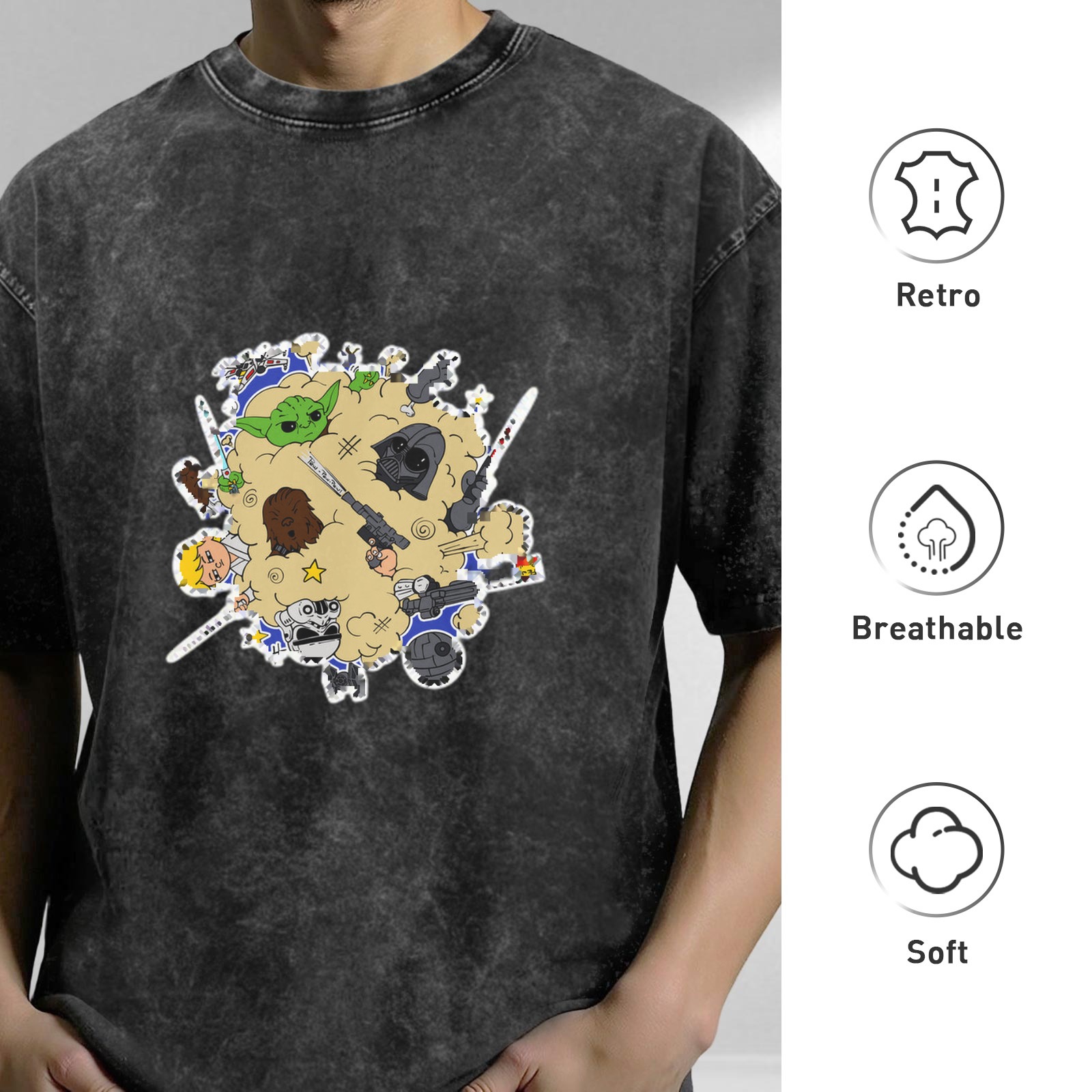 Washed Black T-Shirt With Cute Star Wars Character Collage Print