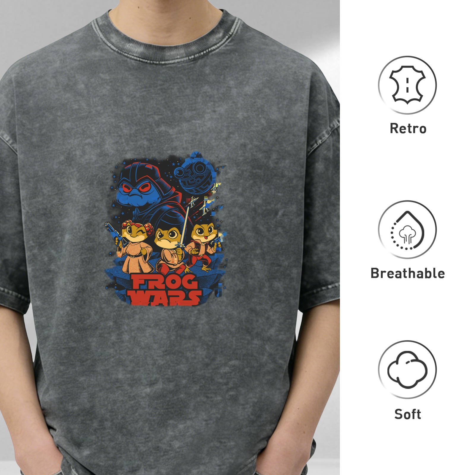 Frog Wars themed distressed short-sleeved T-shirt, casual and loose style