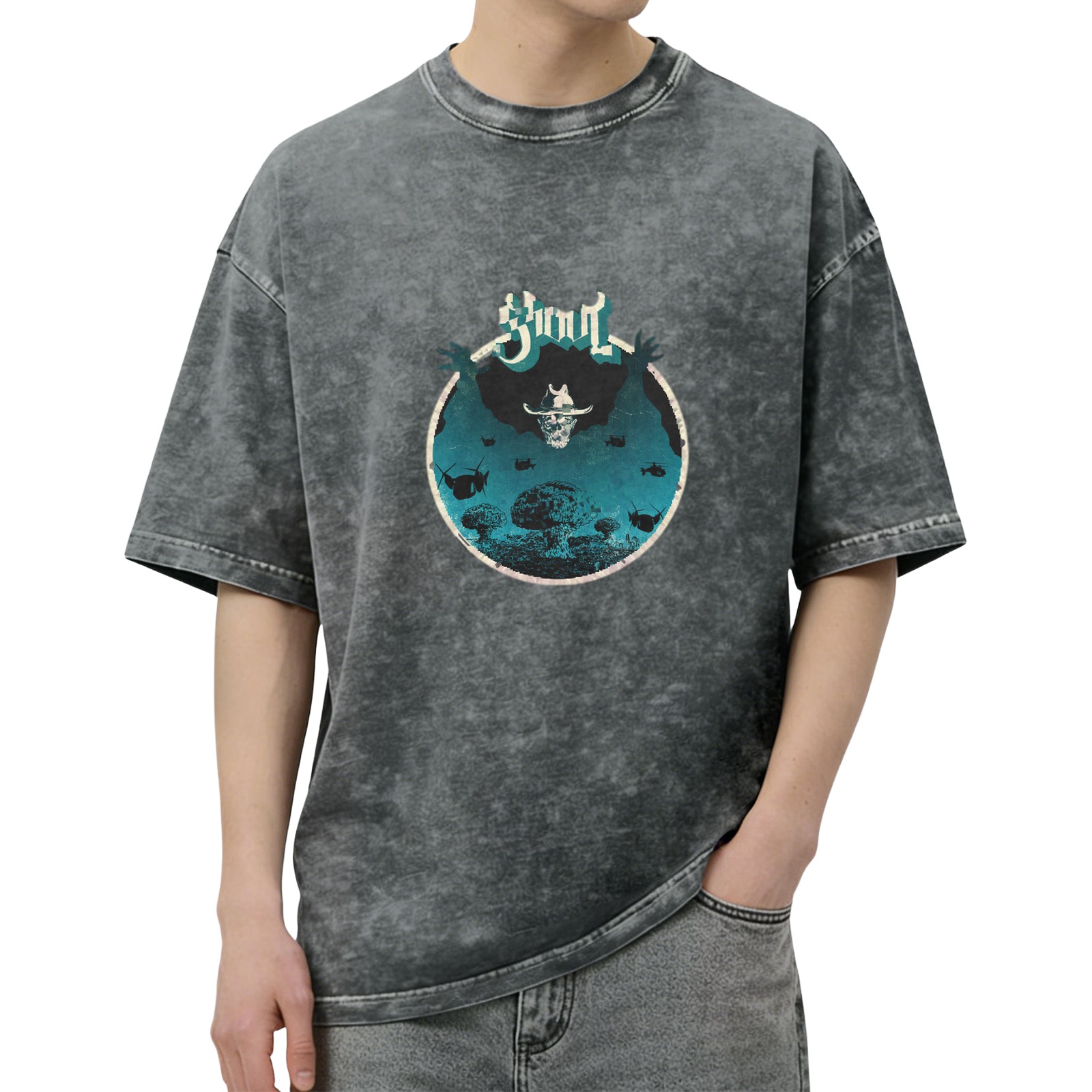 Washed Black Graphic T-Shirt with Skull and Mushroom Cloud Art