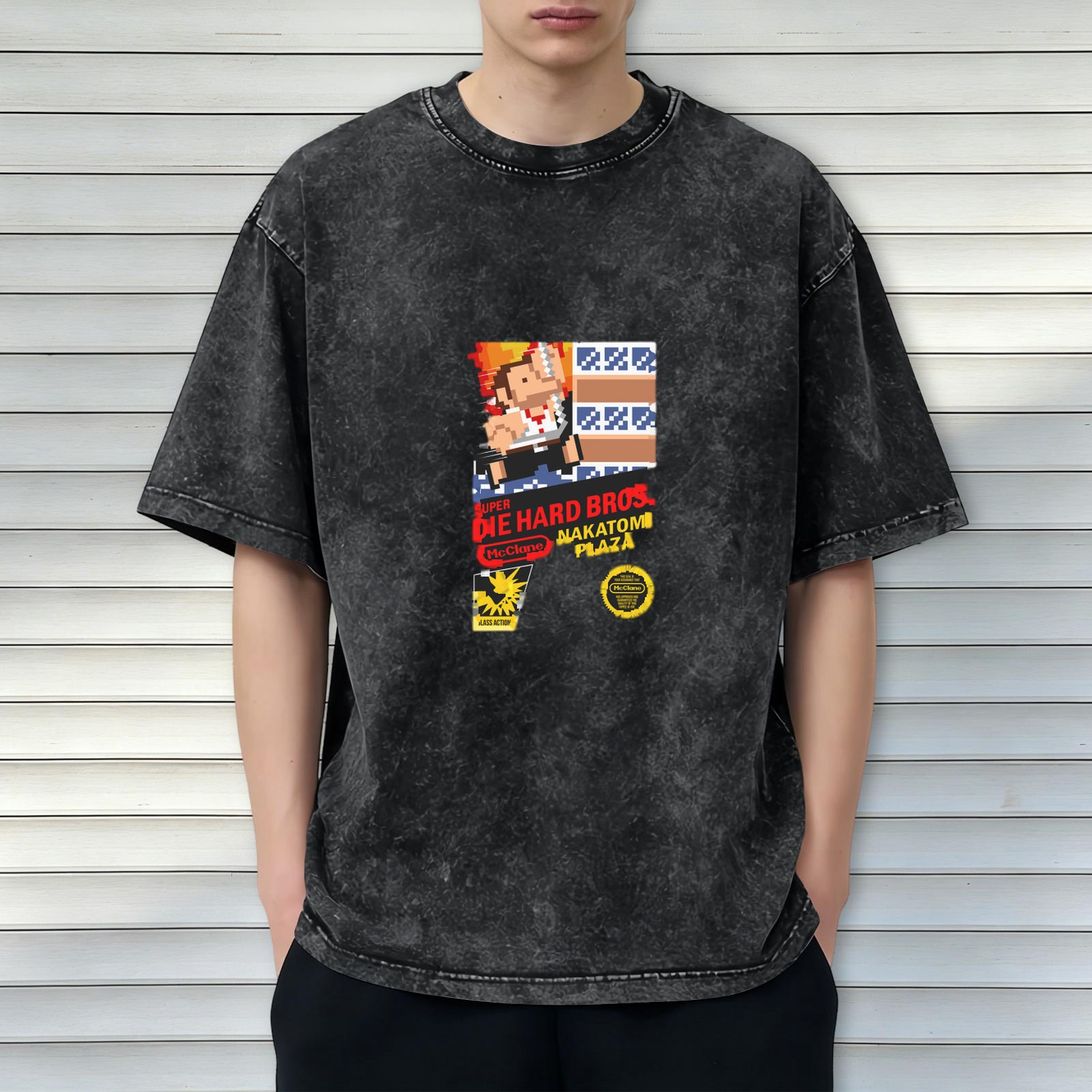 Super Die Hard Bros Nakatomi Plaza Pixel Art Acid Wash T-Shirt