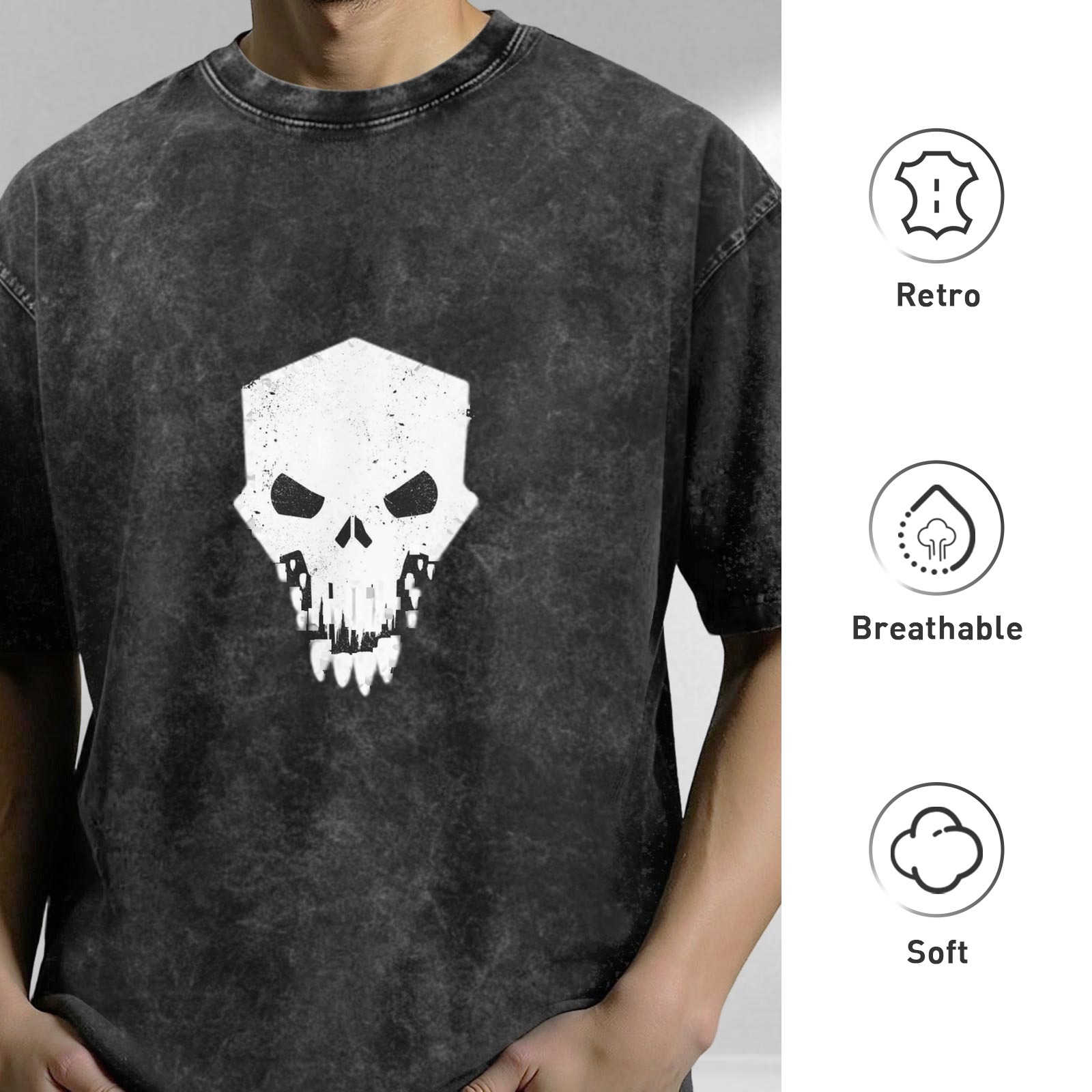 Oversized Acid Wash T-Shirt With Geometric Skull Graphic