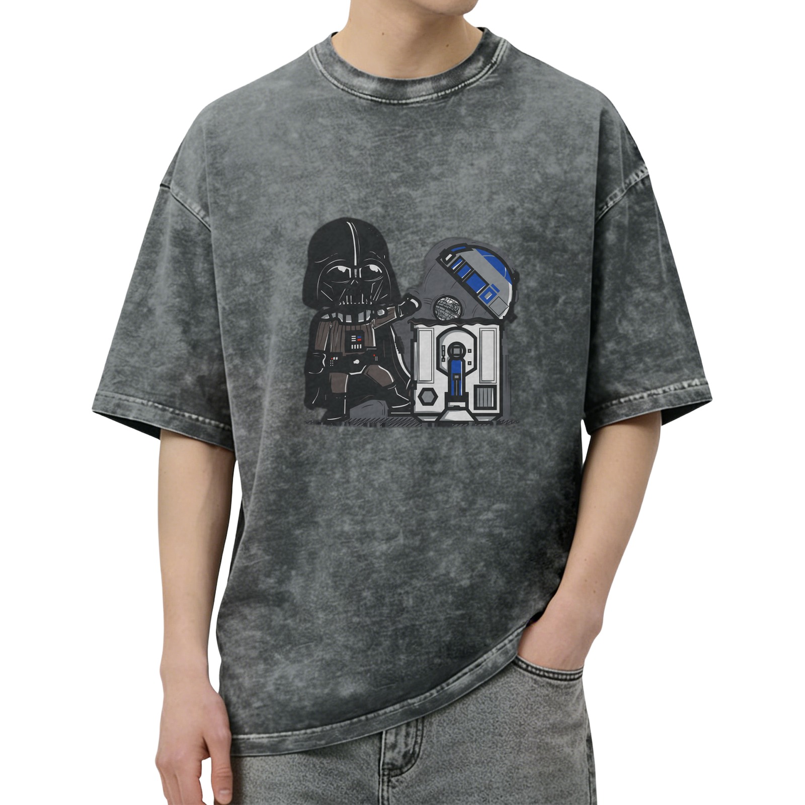 Star Wars Darth Vader & R2-D2 Graphic Acid Wash Cotton T-Shirt