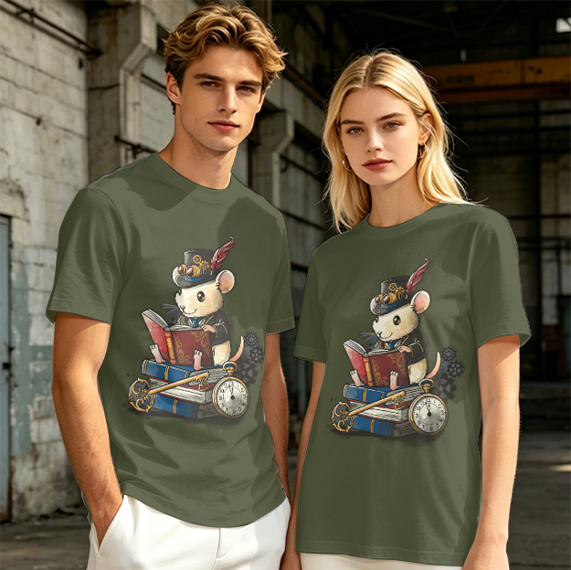 Steampunk mouse reading book graphic olive green t-shirt