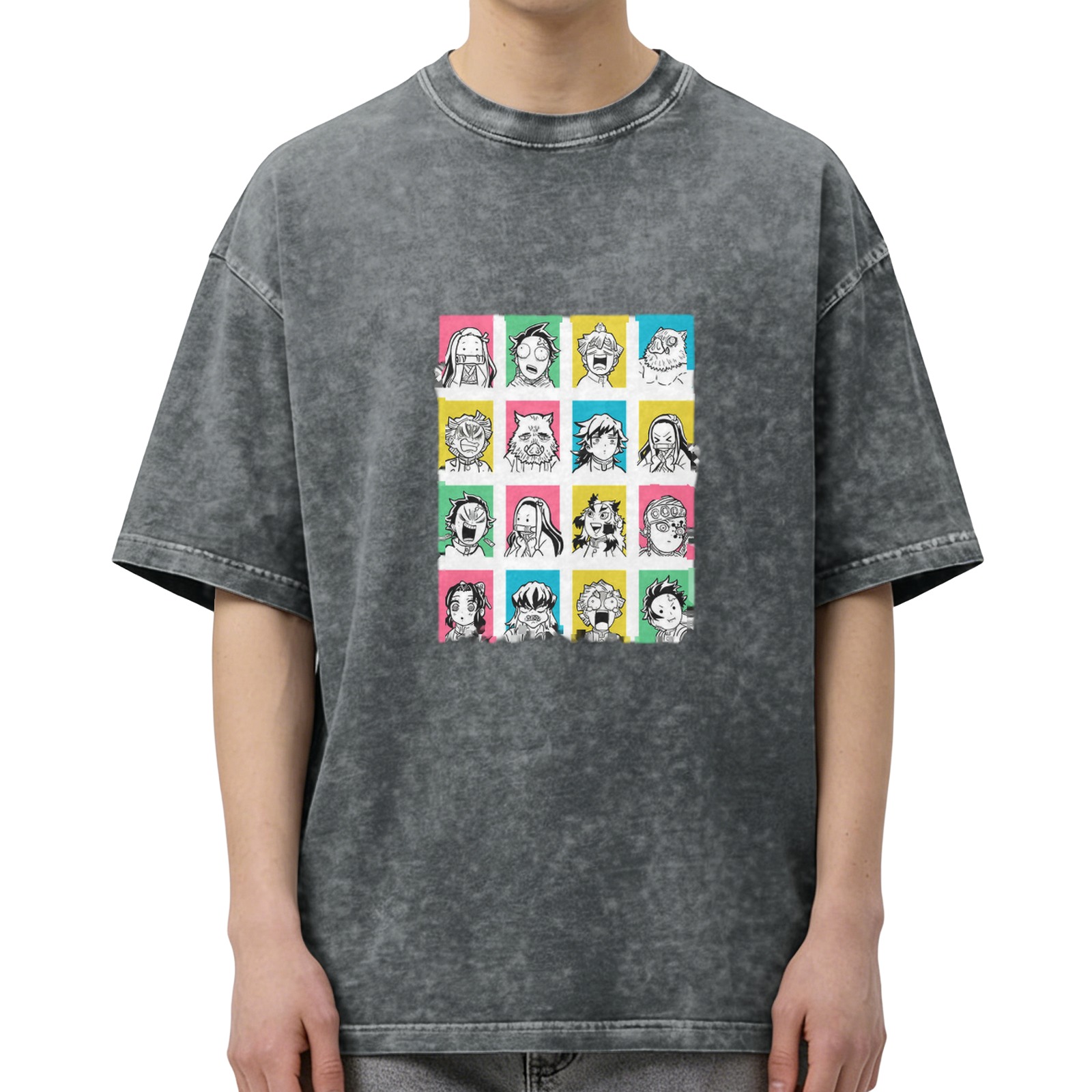 Demon Slayer anime character print distressed washed black loose short-sleeved T-shirt