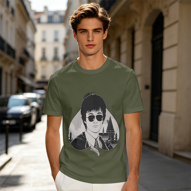 Olive Green T-Shirt With Harry Potter Wearing Sunglasses Print
