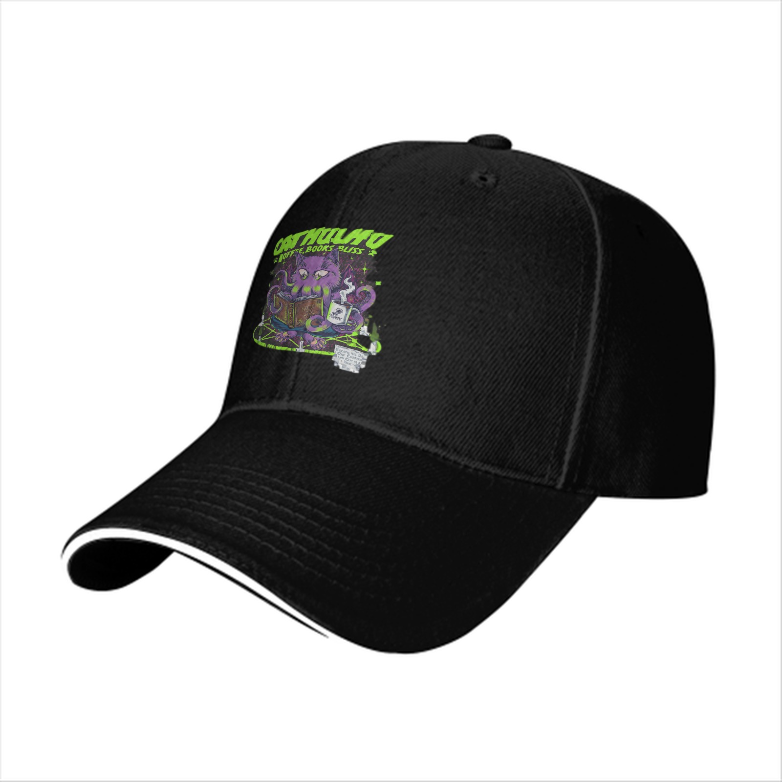 Black baseball cap with Cathulhu coffee and books graphic