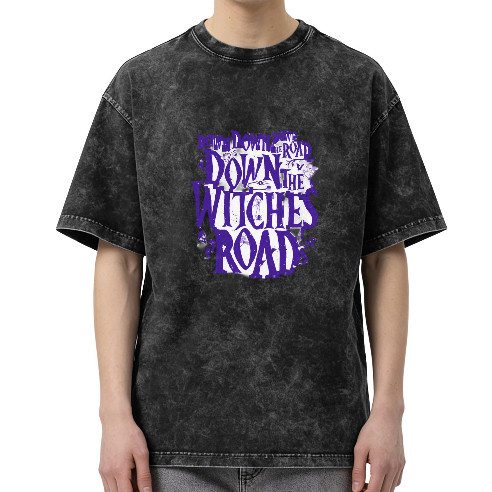 Washed Black Graphic T-Shirt with Down The Witches Road Text