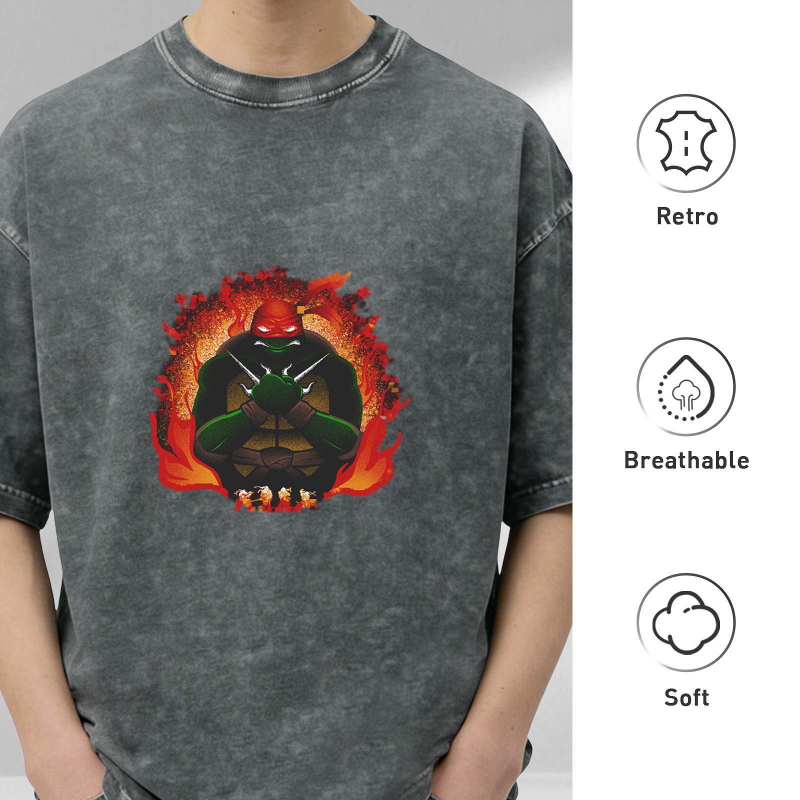 Washed Black T-Shirt With Ninja Turtle Raphael Fire Graphic