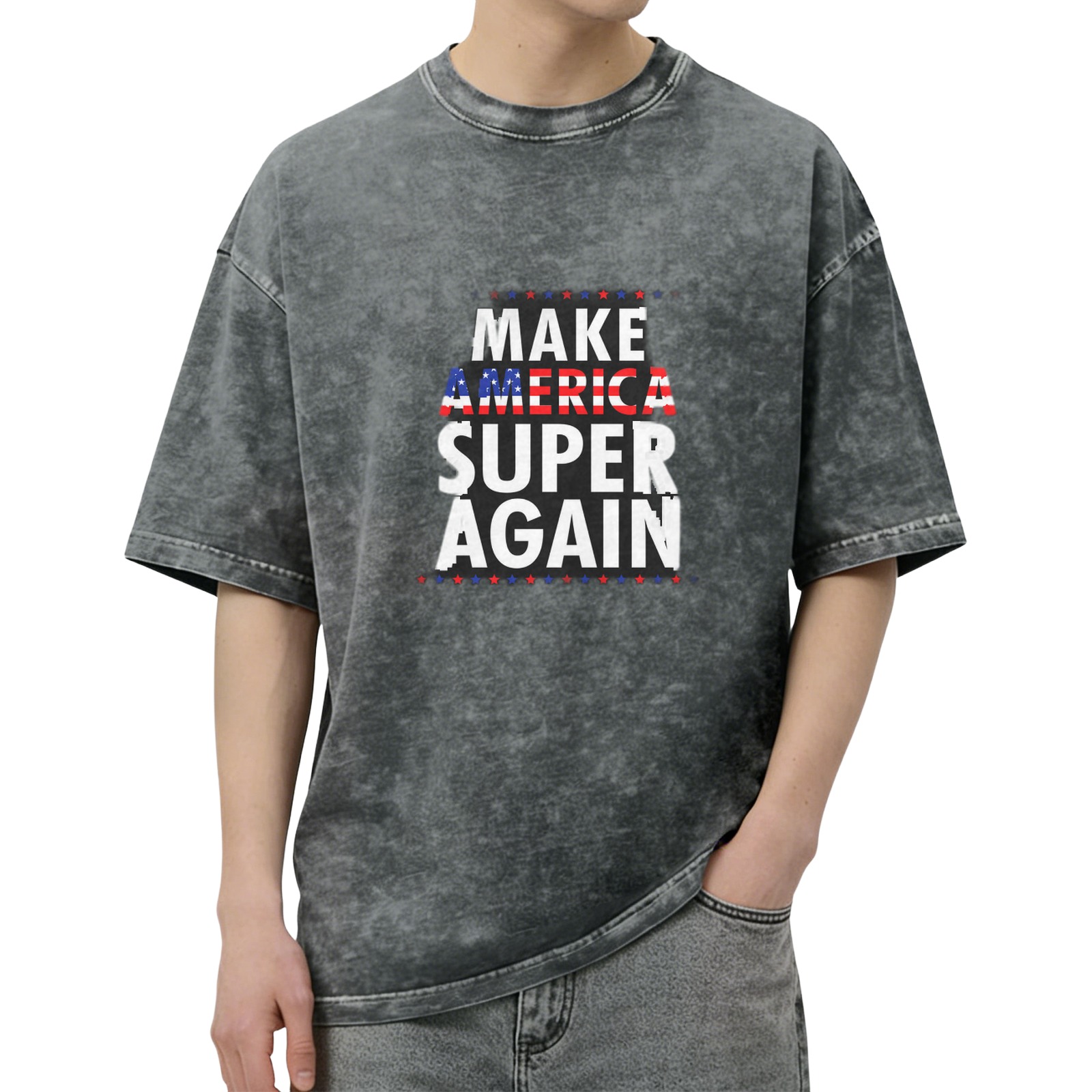 Oversized dark wash t-shirt with Make America Super Again patriotic print