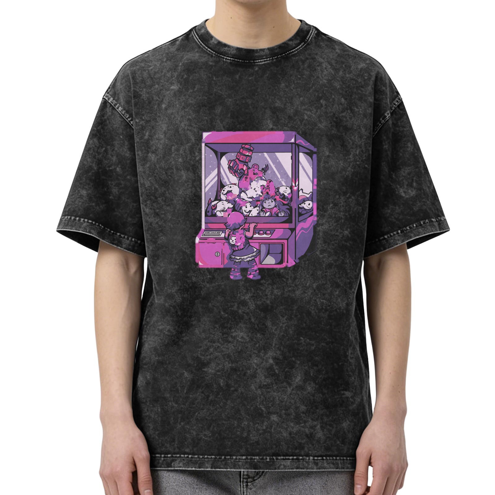 Oversized acid wash t-shirt with anime claw machine graphic