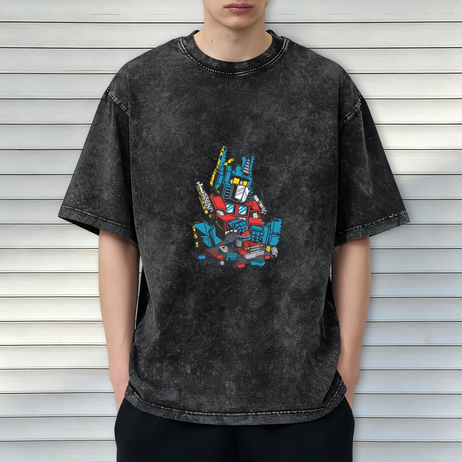 Distressed black loose short-sleeved T-shirt Transformers Optimus Prime broken pattern printed top