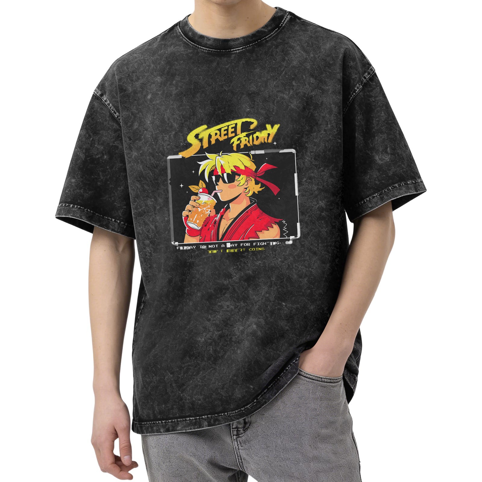 Street Friday Anime Fighter Drink Graphic Acid Wash T-Shirt