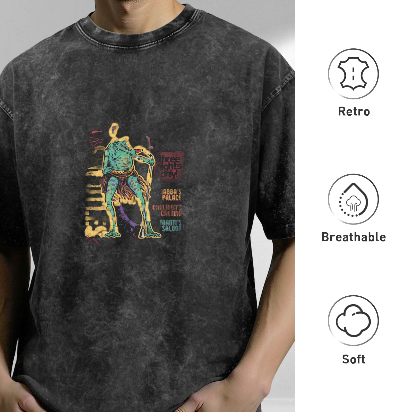 Oversized Acid Wash Graphic T-Shirt with Alien Creature Print