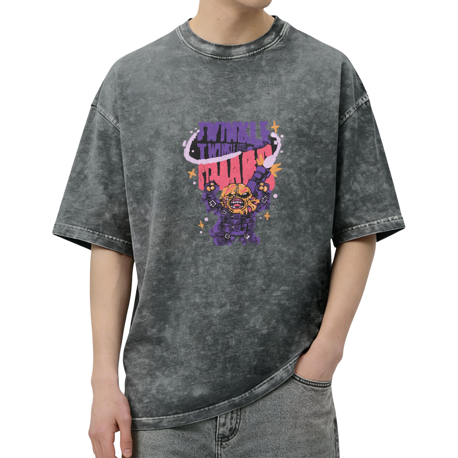 Washed black graphic t-shirt with Twinkle Twinkle Chaos monster print