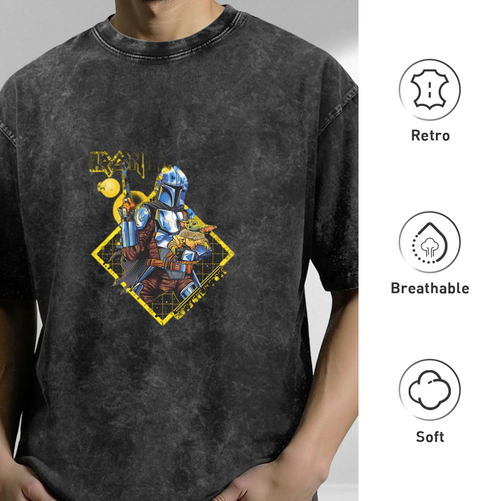 Washed Black Oversized T-Shirt with Mandalorian & Grogu Graphic Print