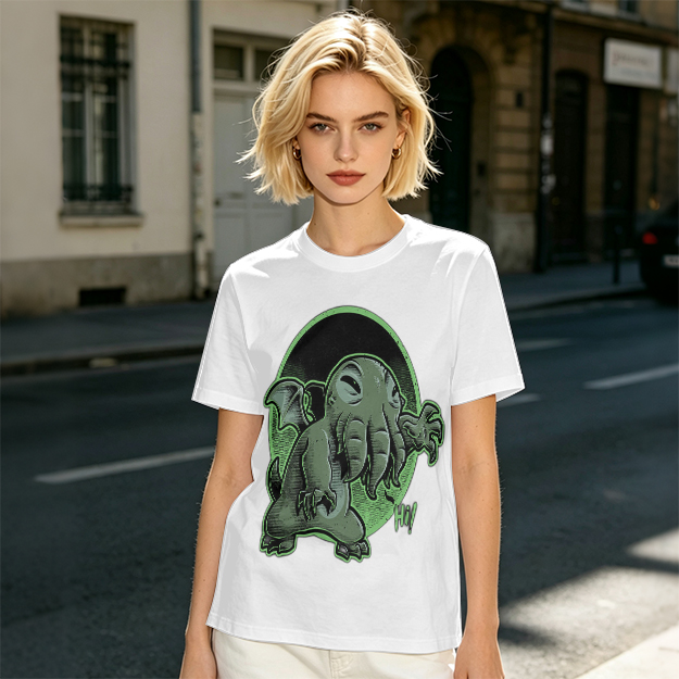Olive T-Shirt Featuring Cute Cartoon Cthulhu Saying Hi