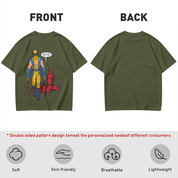 Olive T-Shirt Featuring Wolverine and Deadpool Comic Art