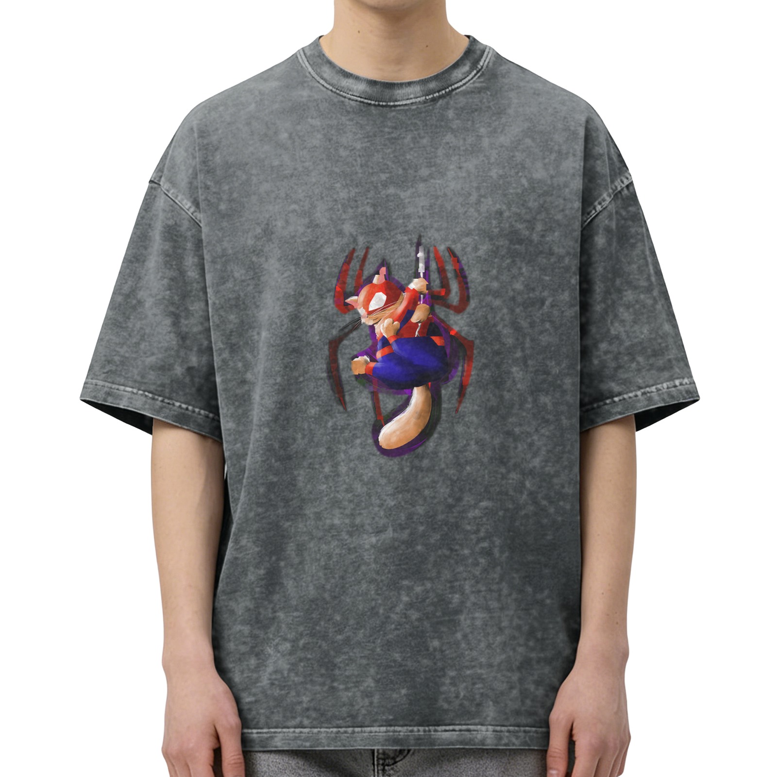 Oversized Acid Wash T-Shirt With Spider Cat Graphic Print