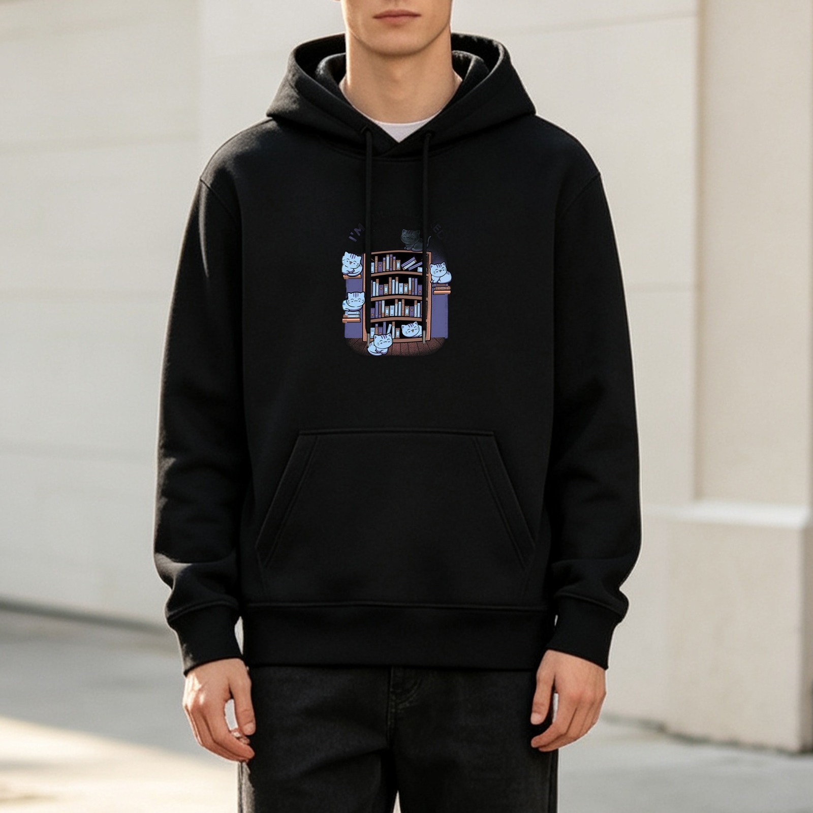 Black Hoodie With Cute Cats On Bookshelf Graphic Print