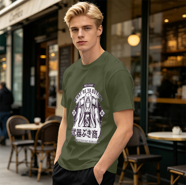 Mysterious Merchant Graphic Olive T-Shirt