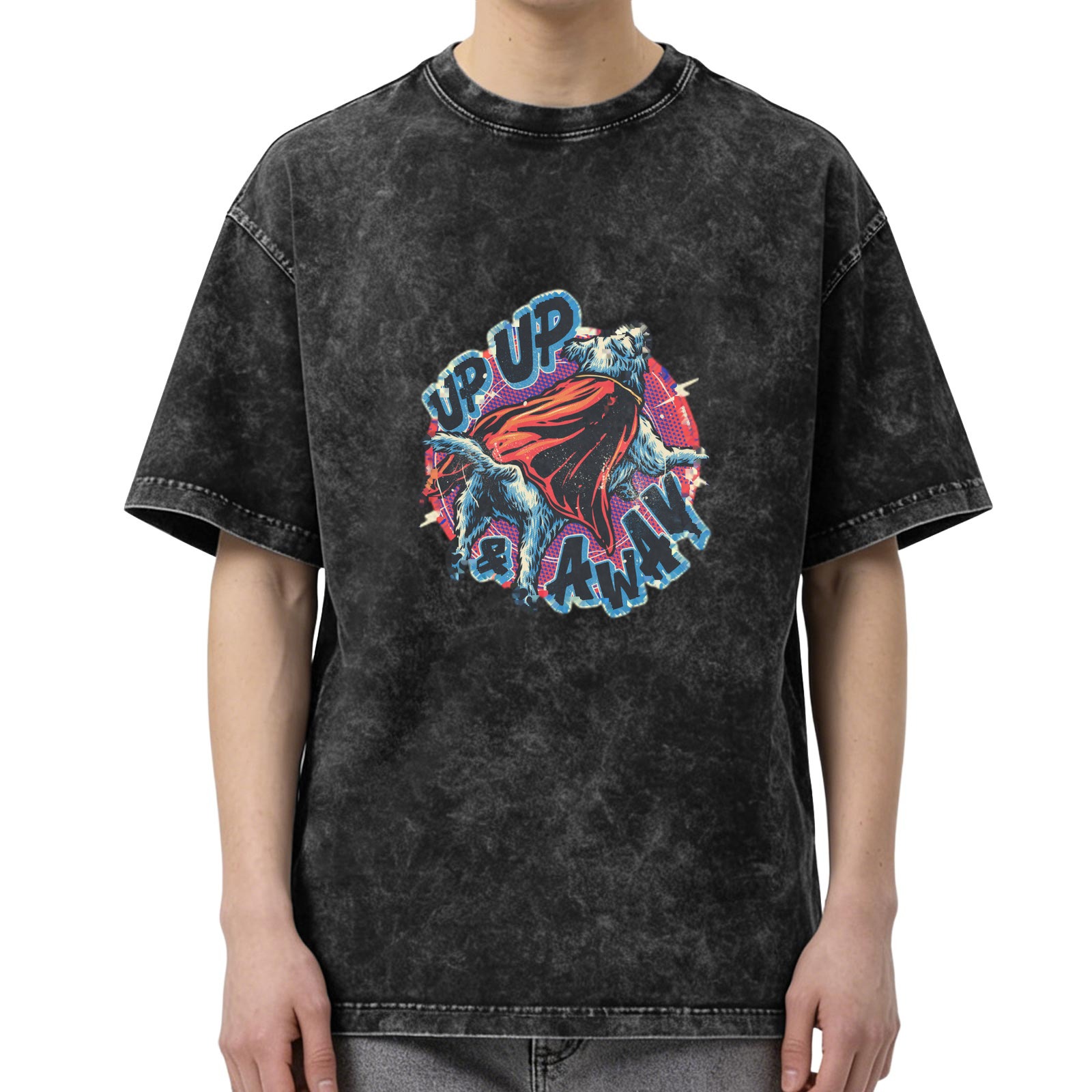 Washed Black T-Shirt With Superhero Dog 'Up Up & Away' Graphic