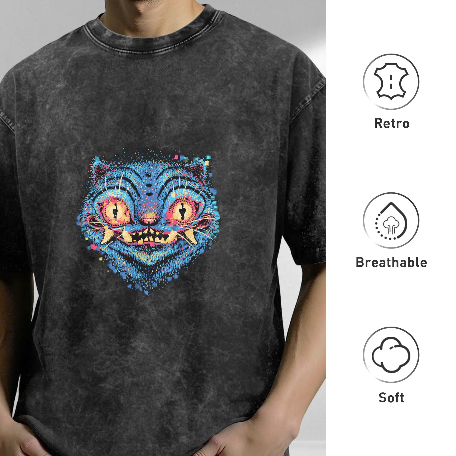 Oversized Acid Wash T-Shirt With Psychedelic Blue Cat Graphic