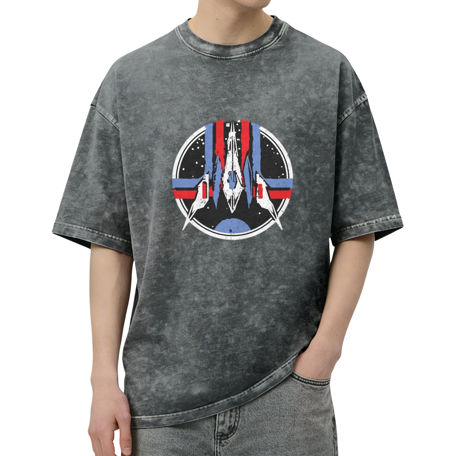 Oversized Stone-Washed Black Graphic T-Shirt with Sci-Fi Space Emblem Print