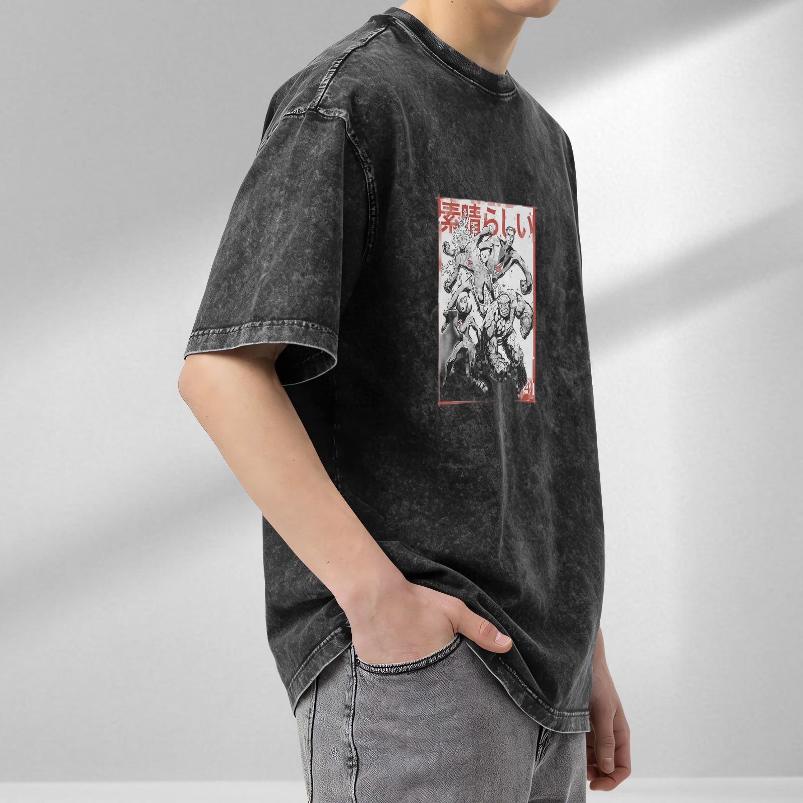 Oversized faded graphic t-shirt with manga-style superhero artwork