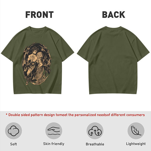 Olive Graphic Tee with Dynamic Anime Character Art Print