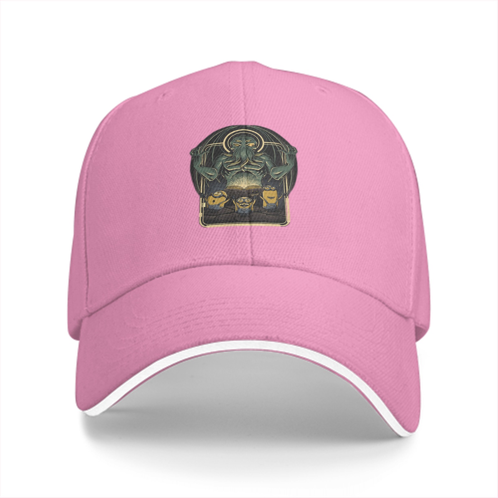 Black baseball cap with Cthulhu and minion graphic print