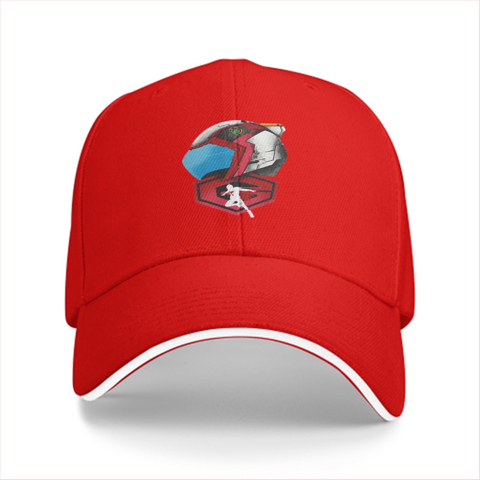 Black baseball cap with anime mech helmet graphic