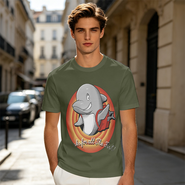 Olive t-shirt with cartoon dolphin and 'Suck for all The Fish!' print