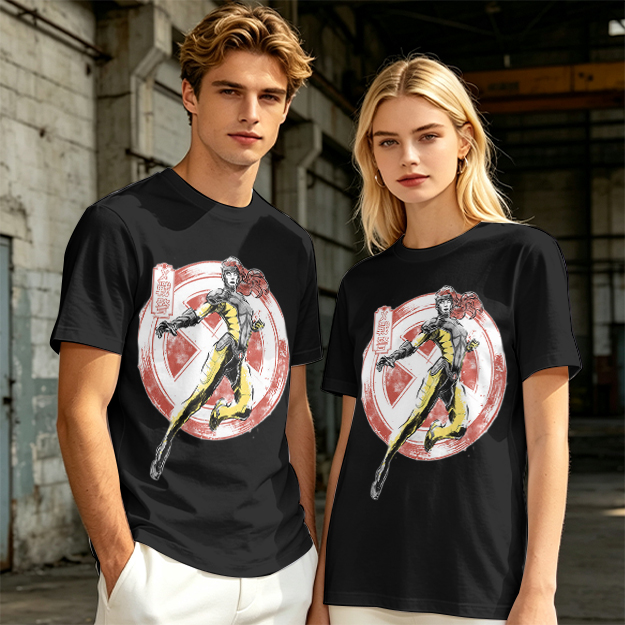 Olive T-shirt with X-Men style superhero graphic print