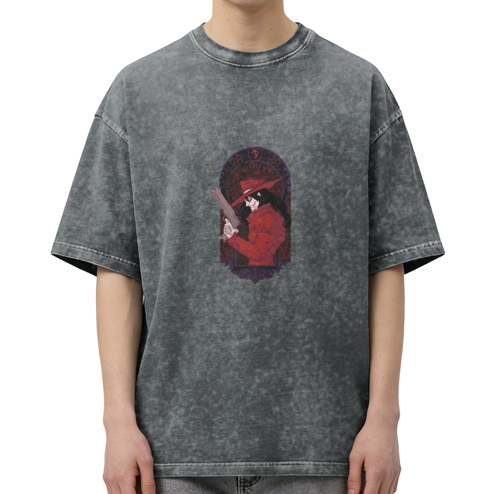 Distressed washed black loose short-sleeved T-shirt anime character print (Hellsing Accardo theme)