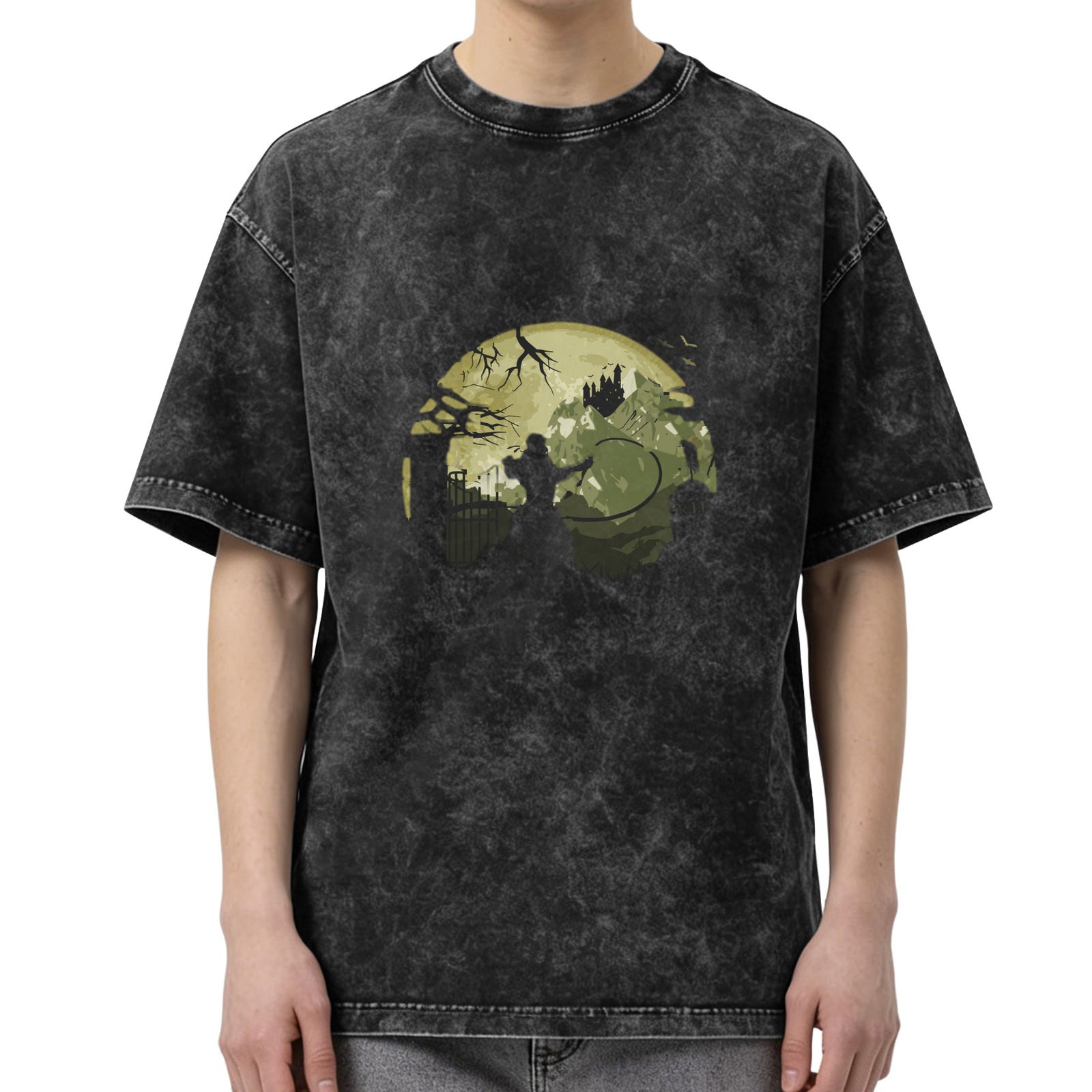 Oversized Stonewashed T-Shirt with Gothic Moon Castle Silhouette Graphic