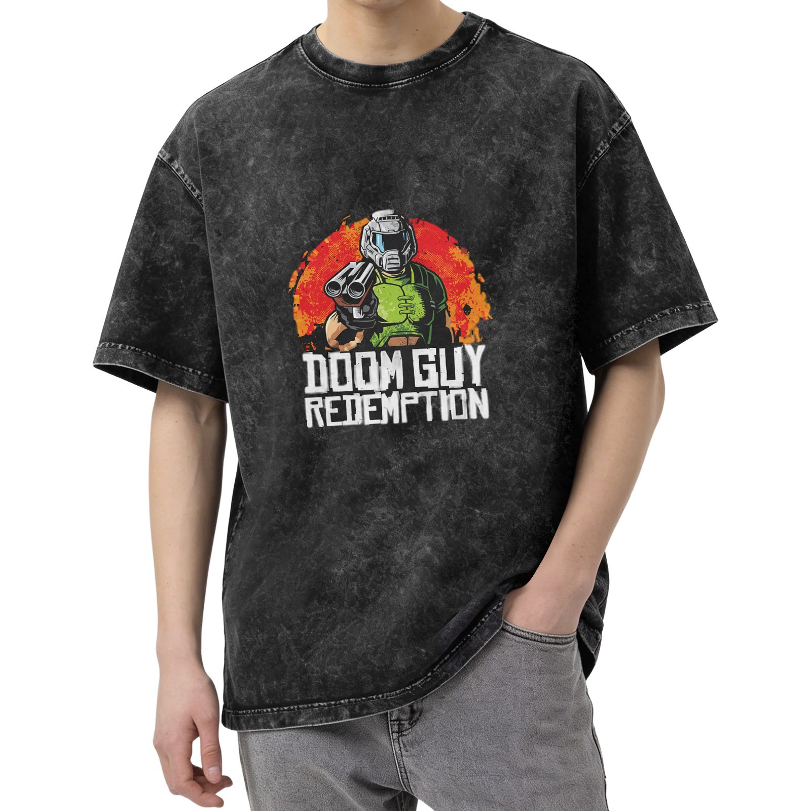 Doom Guy Redemption Graphic Acid Wash Black T-Shirt