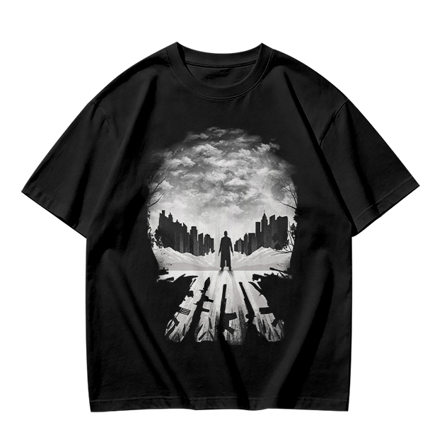 Olive Green T-Shirt With Skull Silhouette Cityscape Artwork