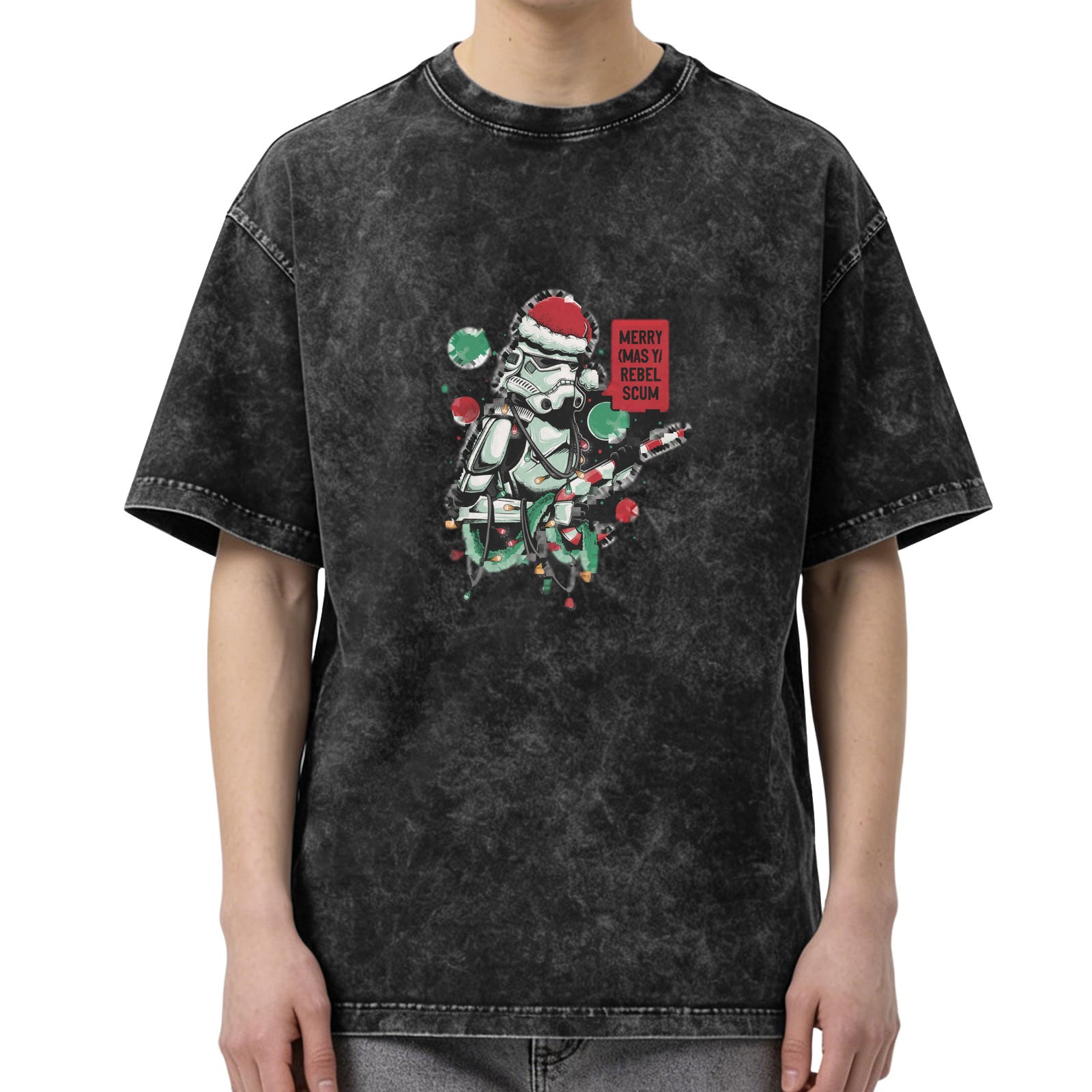 Star Wars Stormtrooper Christmas Graphic Oversized Stone Wash T-Shirt - 'Merry Sithmas Rebel Scum' Festive Holiday Tee