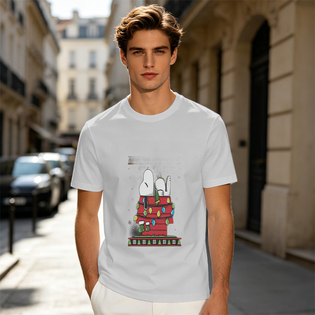 Olive T-Shirt with Snoopy Christmas Doghouse Design