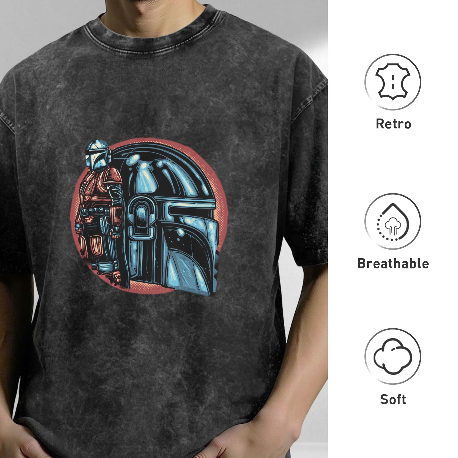 Washed Black T-Shirt With Mandalorian Helmet And Warrior Print