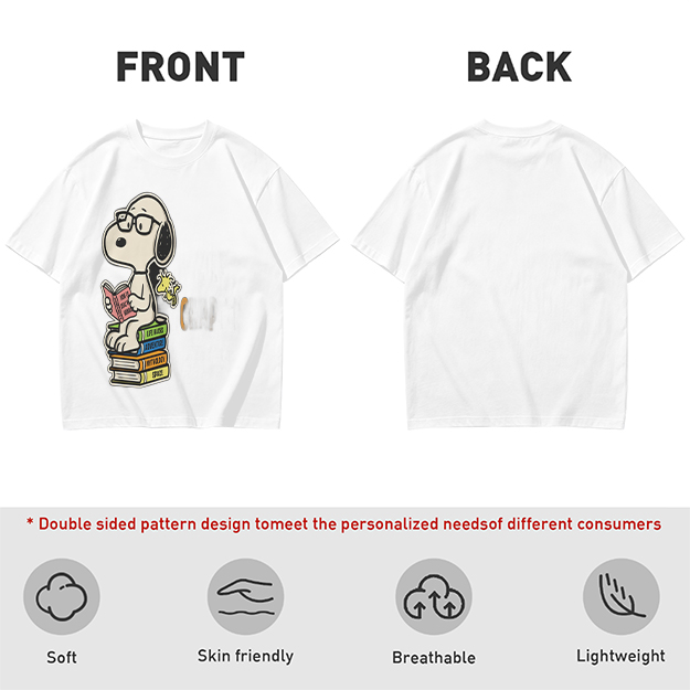 Olive T-shirt with Snoopy reading on stack of books