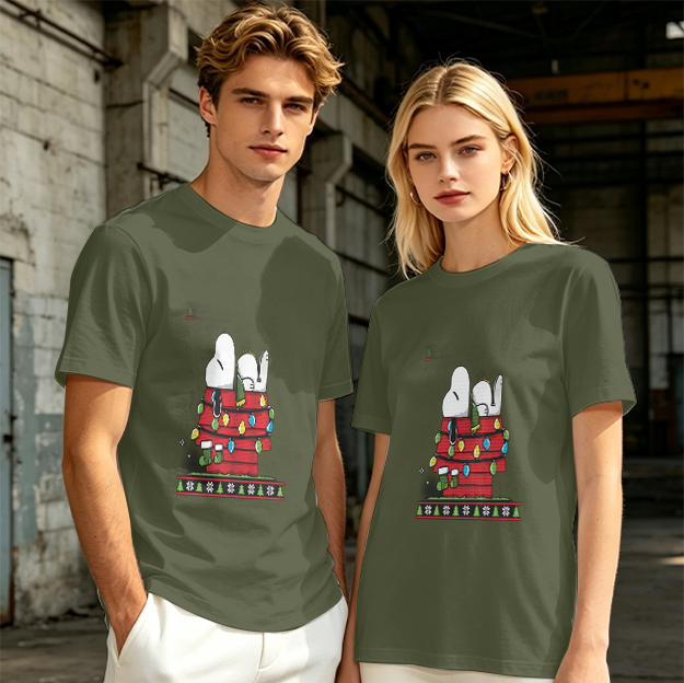 Olive T-Shirt with Snoopy Christmas Doghouse Design